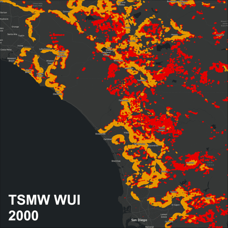 Animated map showing the growth of California's wildland-urban interface from 2000 to 2020